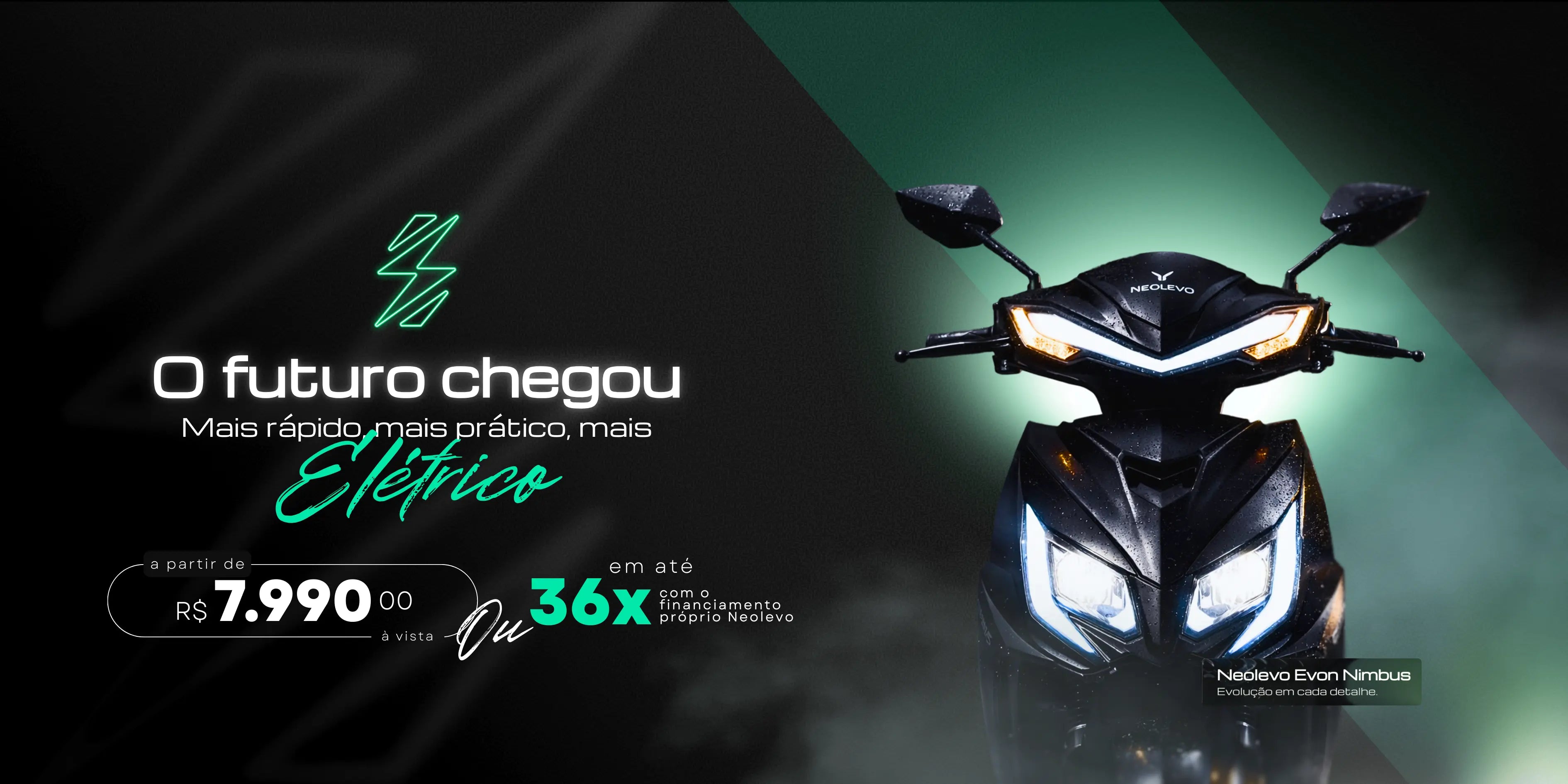 Scooter elétrica Neolevo Evon Nimbus preta vista de frente com iluminação dramática, faróis acesos e fundo escuro com destaque em verde e texto promocional