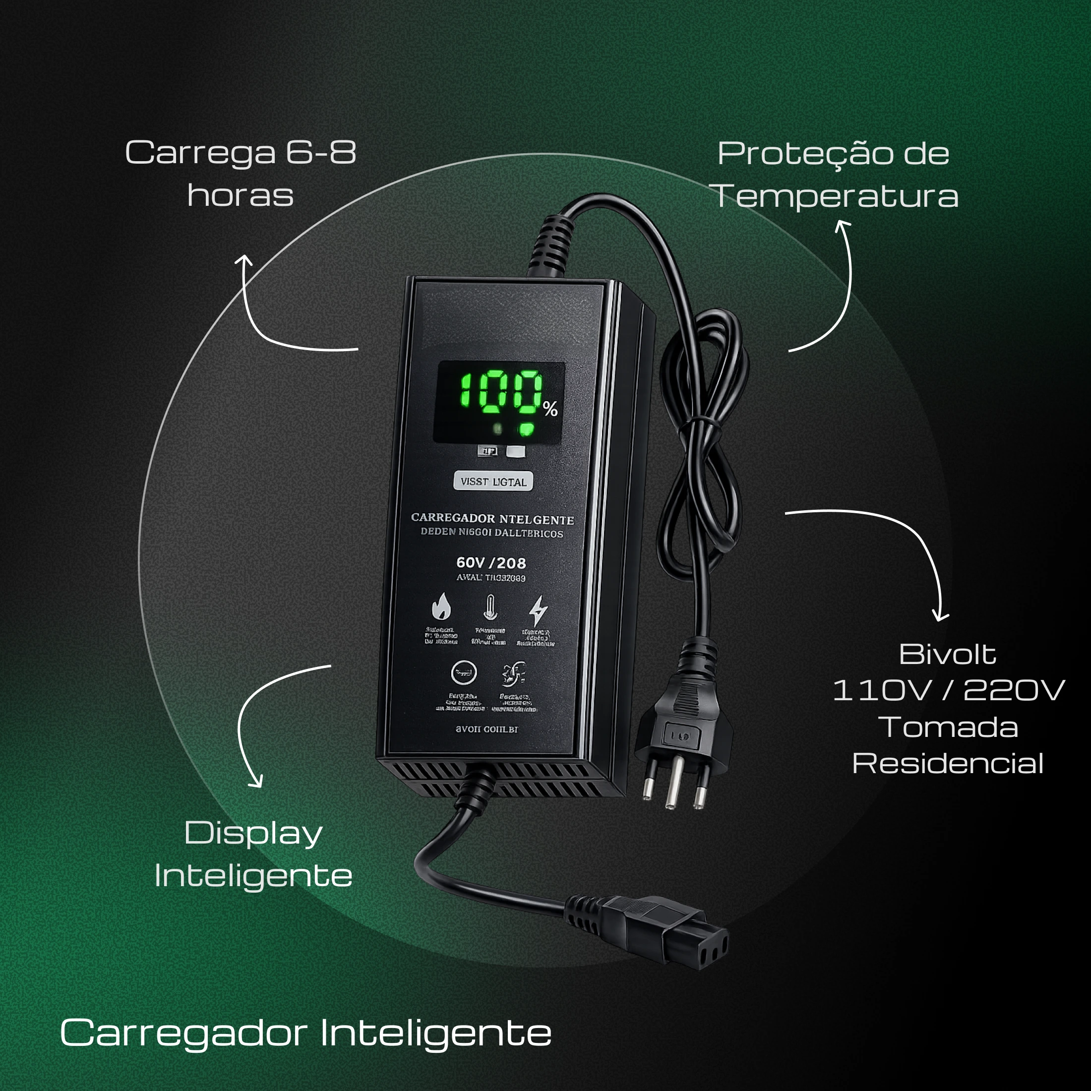 imagem do carregador inteligente bivolt marcando 100% de carga em seu display inteligente, e suas especificações.