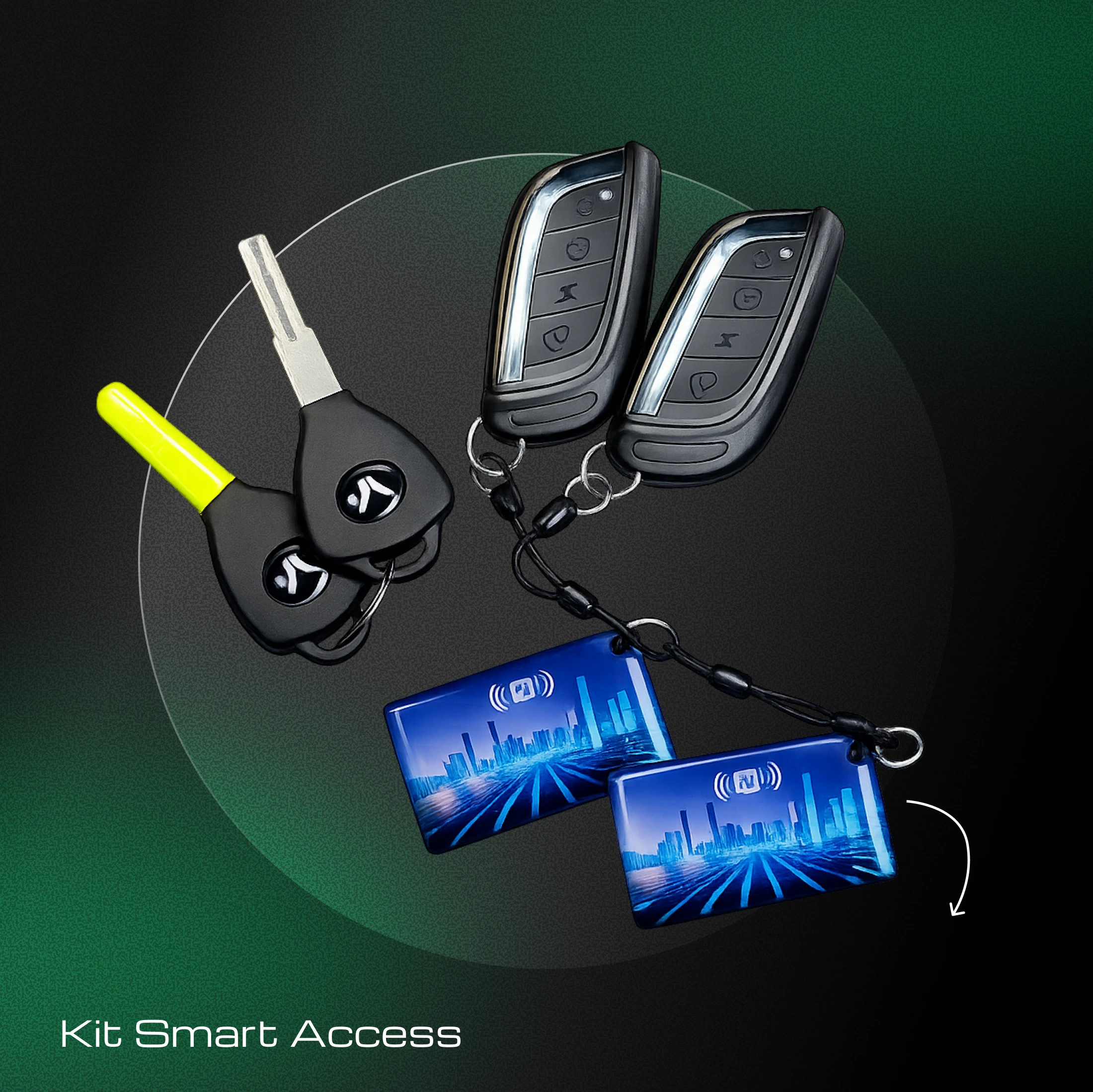 Imagem do kit smart acess da neolevo, com 2 chaves de contato, 2 controles remotos e 2 chaves NFC.
