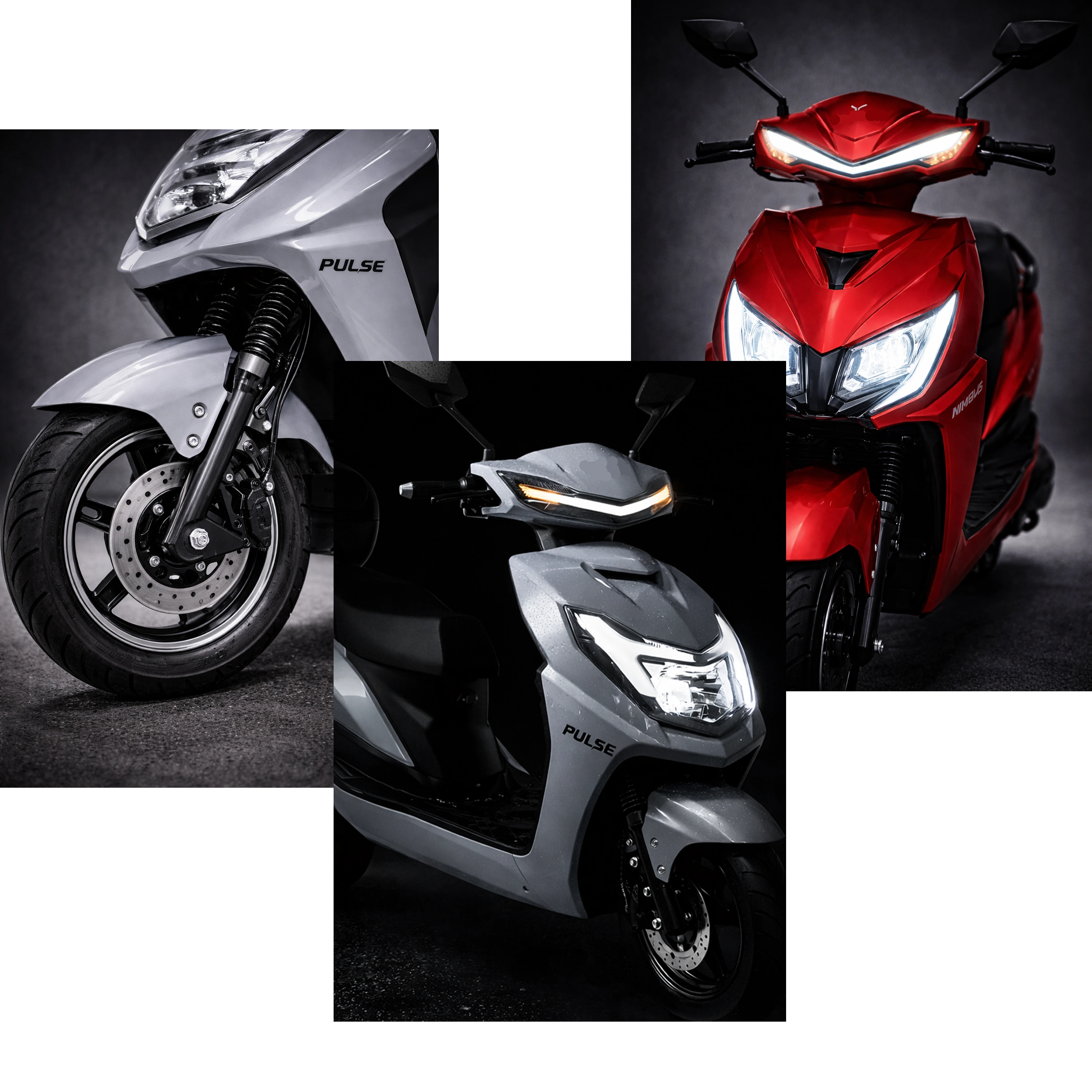 Close-up da roda de scooter elétrica Neolevo e duas scooters elétricas (cinza e vermelha) vistas de frente