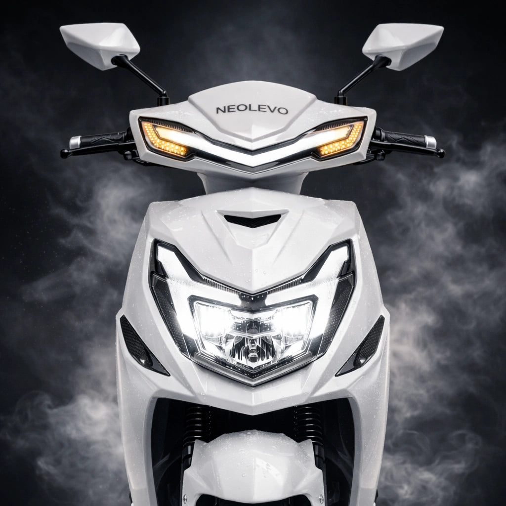 Scooter elétrica neolevo branca com fundo escuro dramático e fumaça